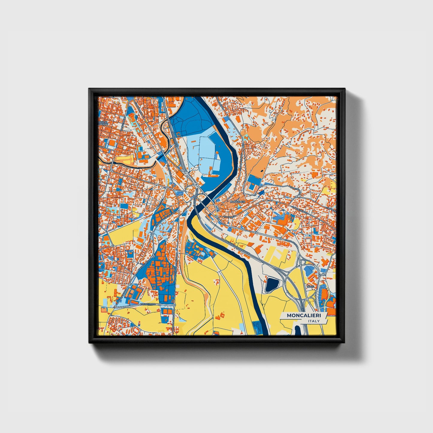 Moncalieri Italy Colorful City Map Canvas Print • Black Framed