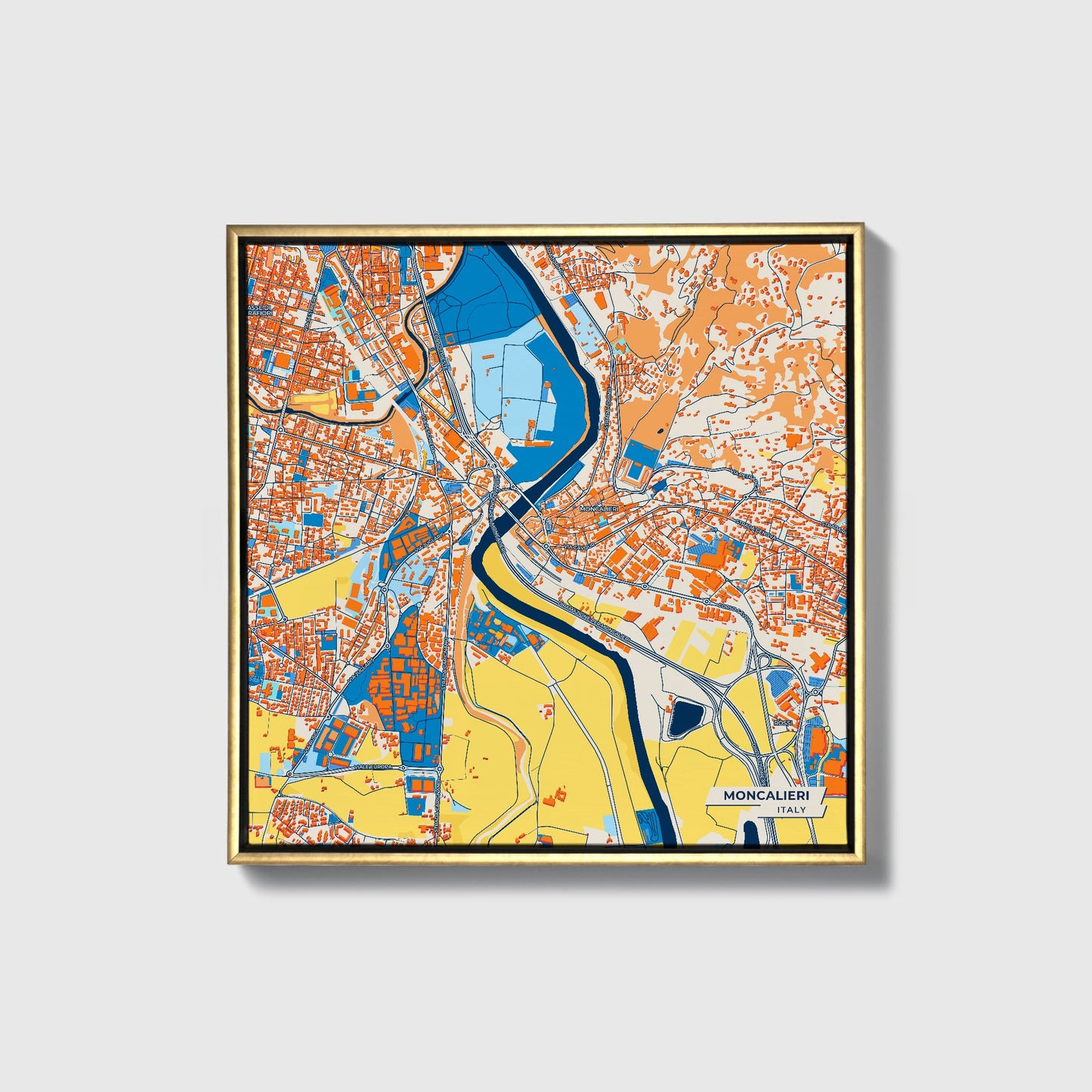 Moncalieri Italy Colorful City Map Canvas Print • Gold Framed