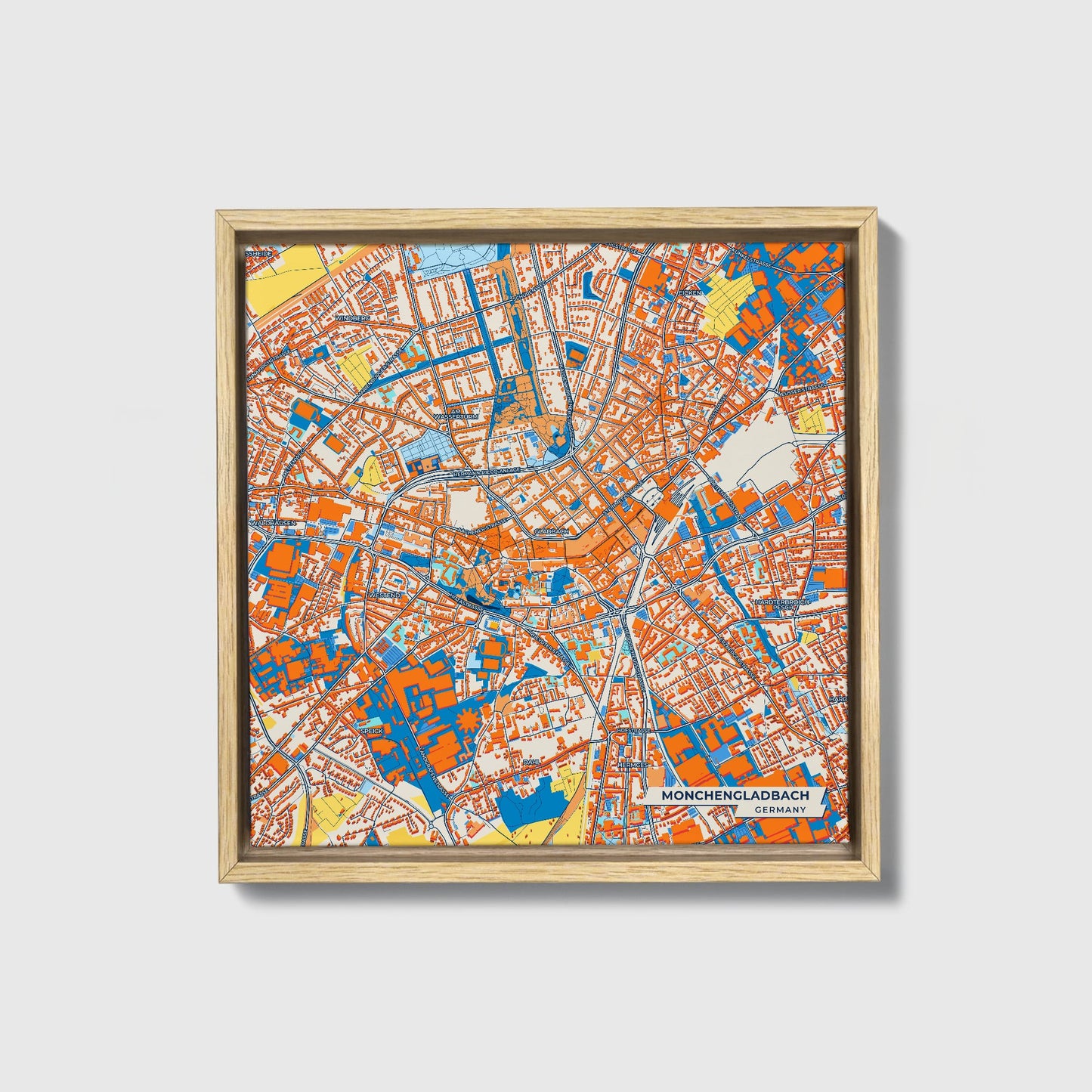Mönchengladbach Germany Colorful City Map Canvas Print • Natural Wooden Framed