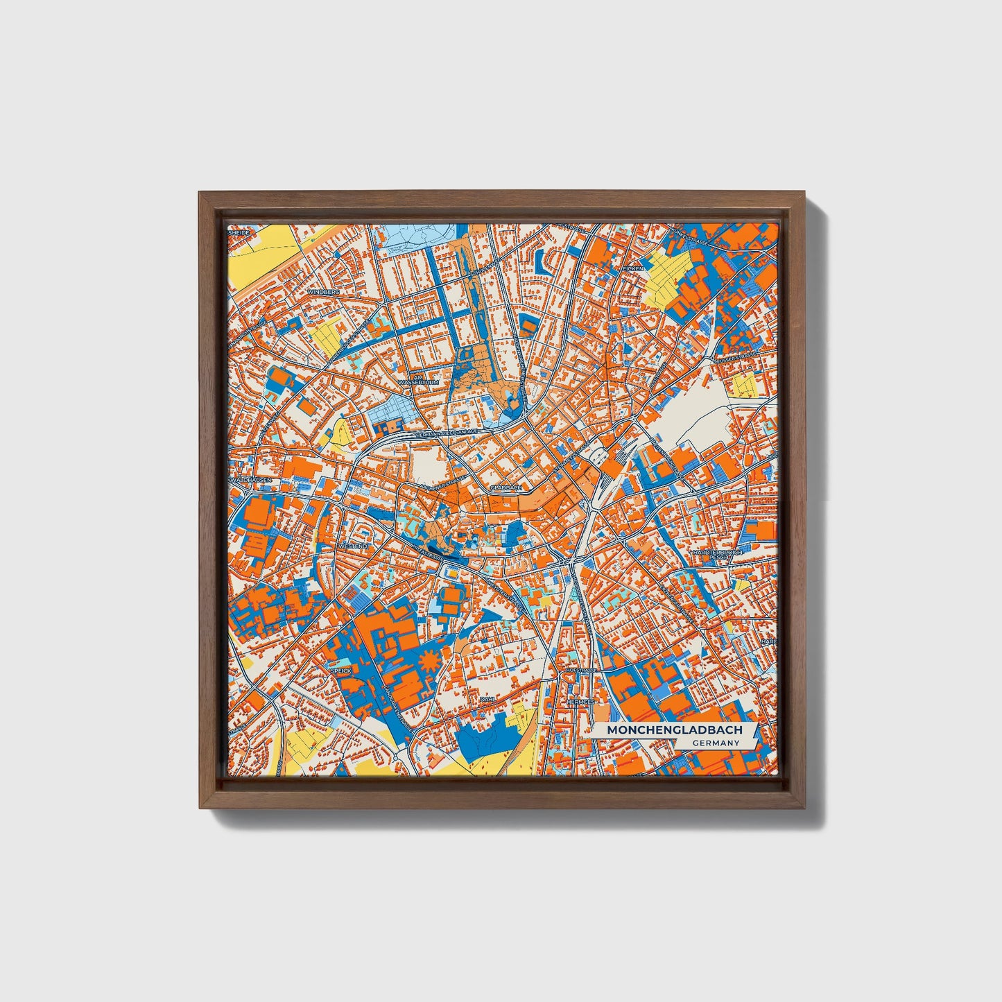 Mönchengladbach Germany Colorful City Map Canvas Print • Dark Wooden Framed
