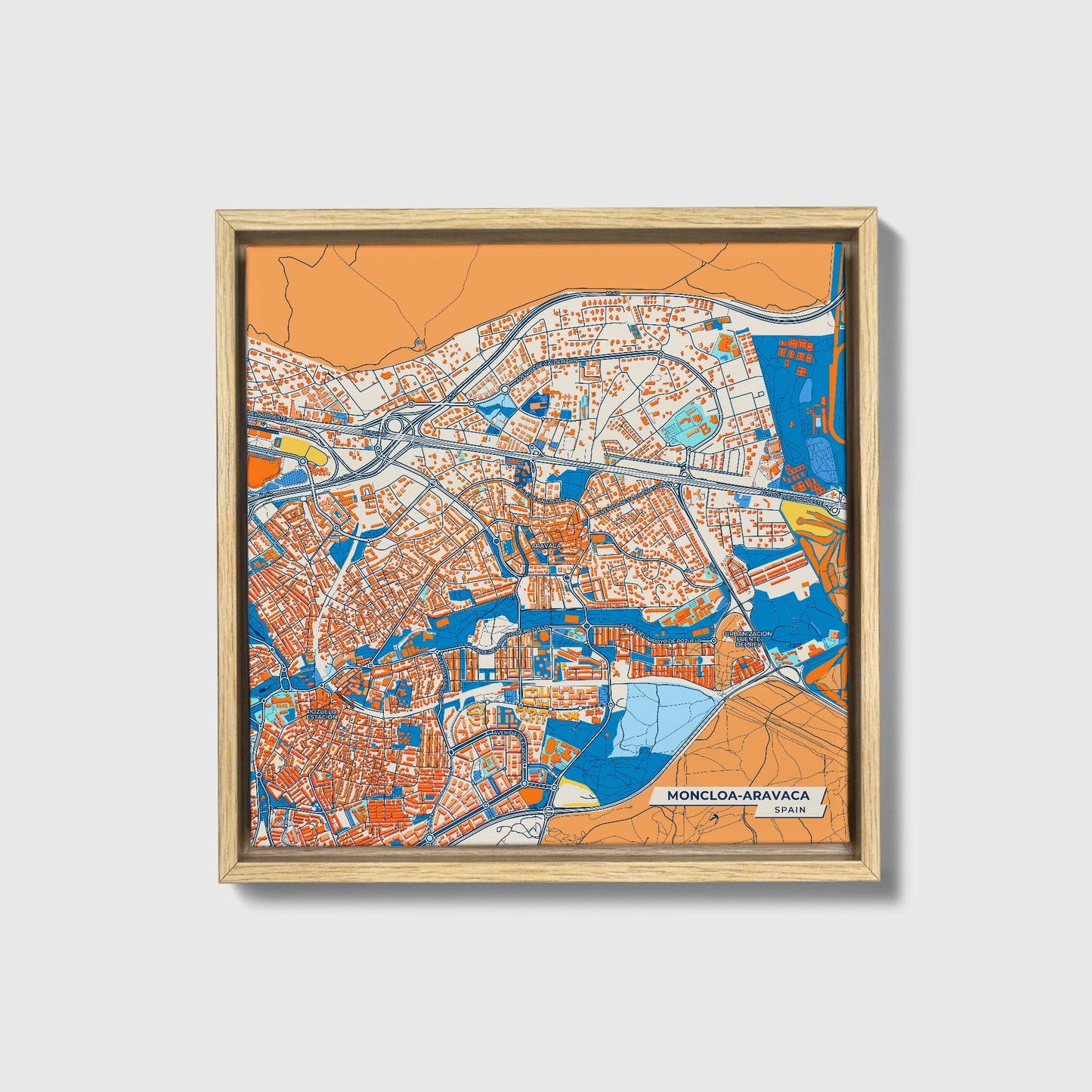Moncloa-Aravaca Spain Colorful City Map Canvas Print • Natural Wooden Framed