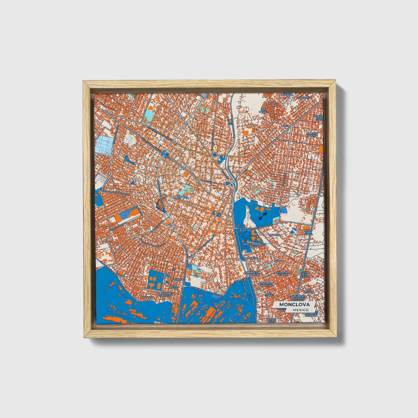 Monclova Mexico Colorful City Map Canvas Print • Natural Wooden Framed