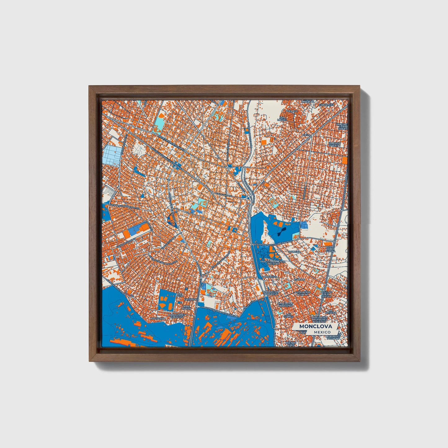 Monclova Mexico Colorful City Map Canvas Print • Dark Wooden Framed