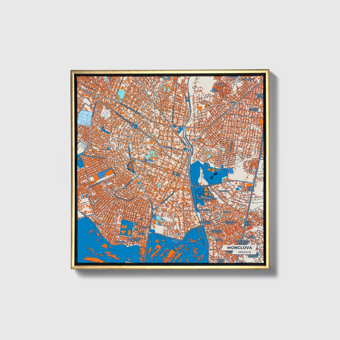 Monclova Mexico Colorful City Map Canvas Print • Gold Framed