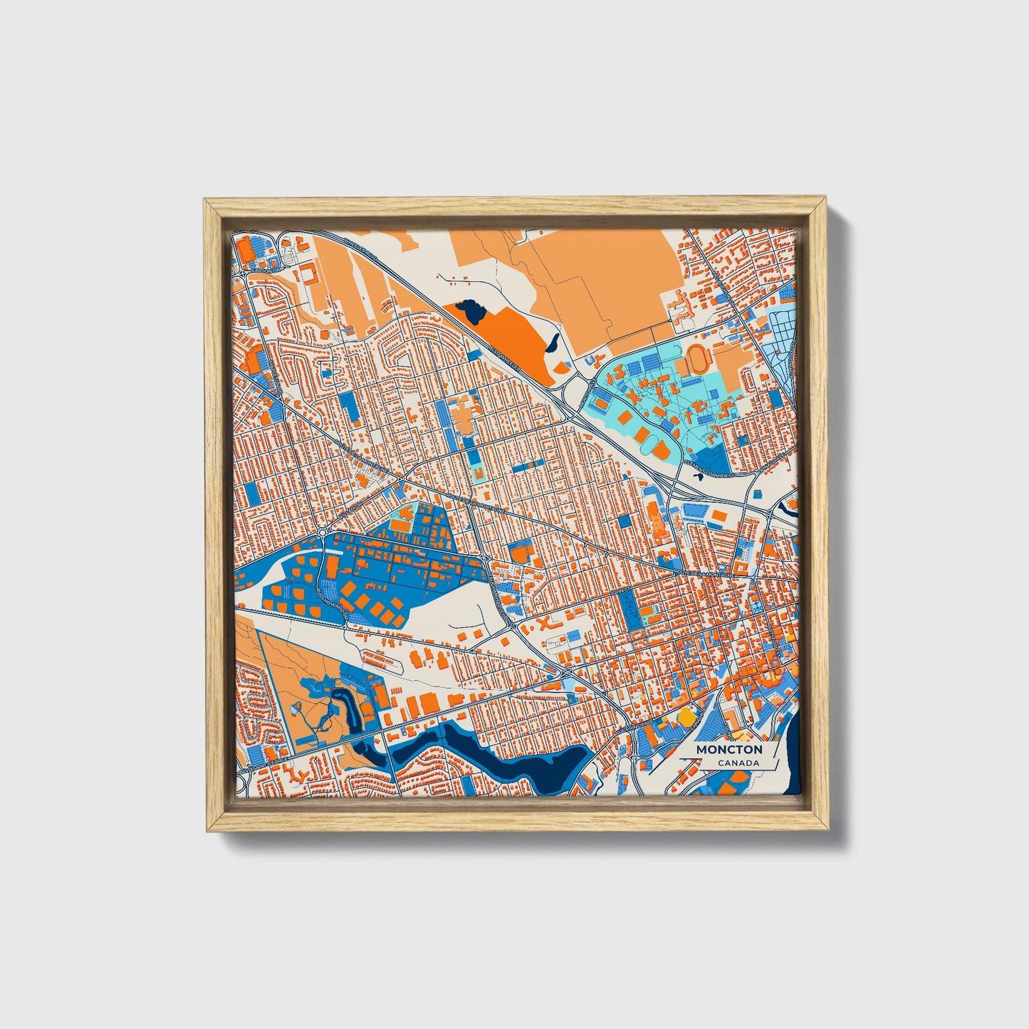Moncton Canada Colorful City Map Canvas Print • Natural Wooden Framed