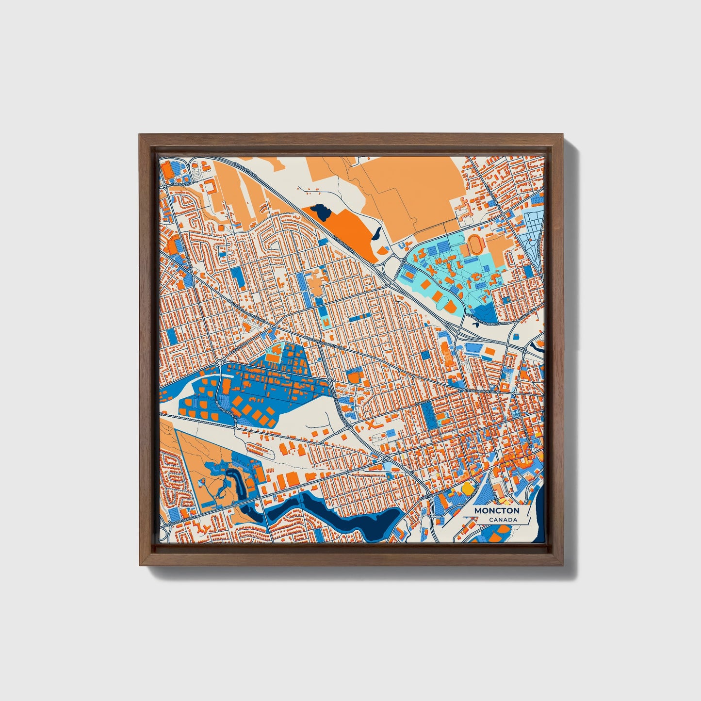 Moncton Canada Colorful City Map Canvas Print • Dark Wooden Framed