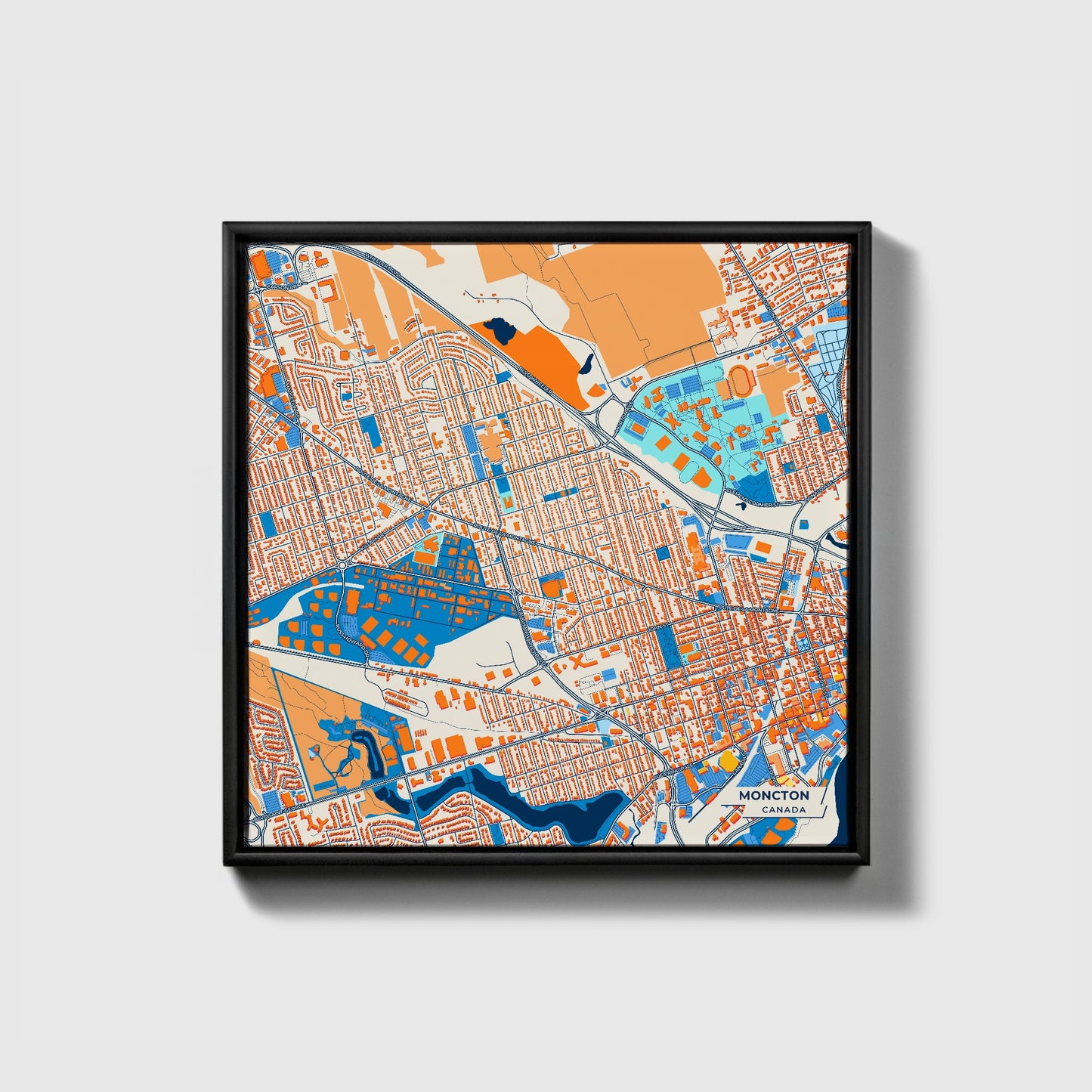 Moncton Canada Colorful City Map Canvas Print • Black Framed