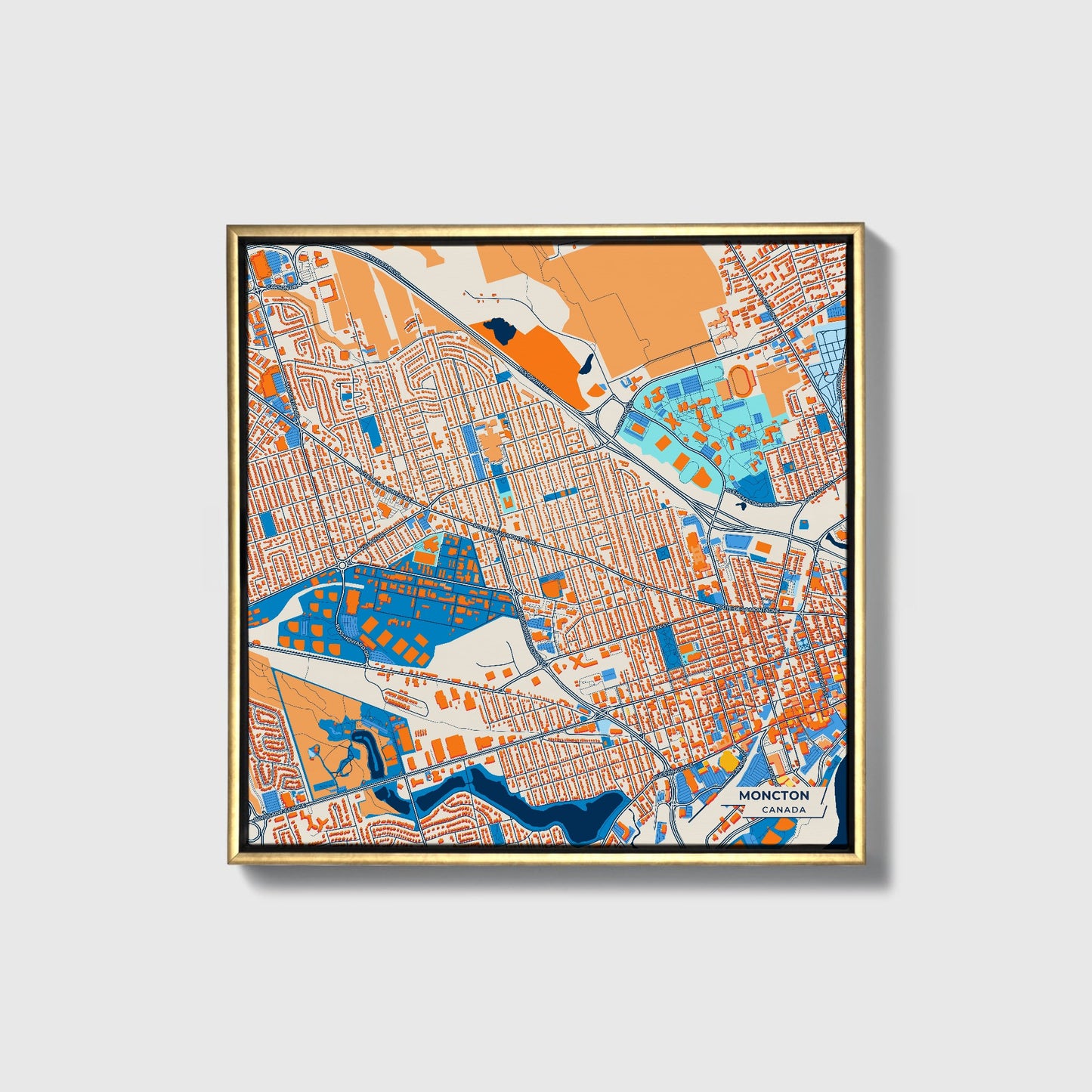 Moncton Canada Colorful City Map Canvas Print • Gold Framed