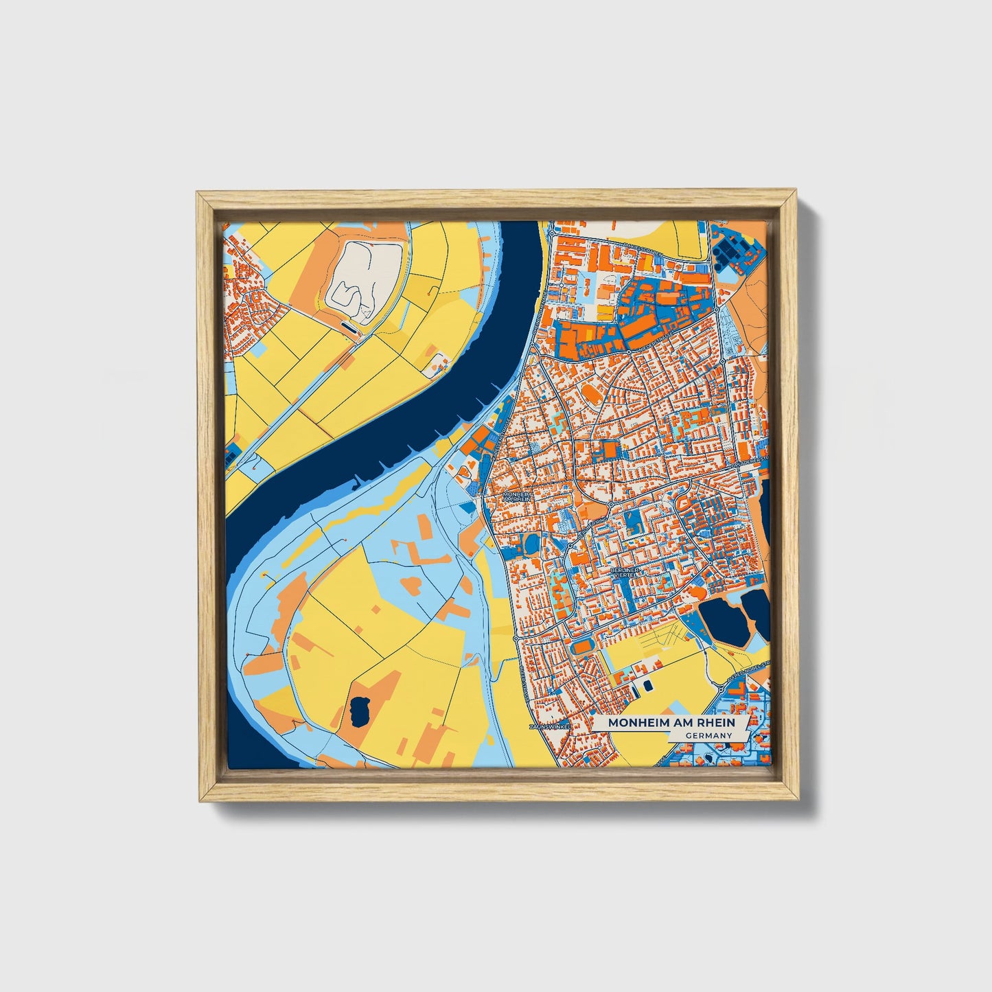 Monheim Am Rhein Germany Colorful City Map Canvas Print • Natural Wooden Framed