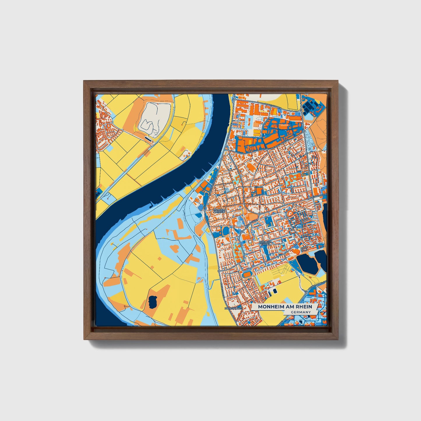 Monheim Am Rhein Germany Colorful City Map Canvas Print • Dark Wooden Framed