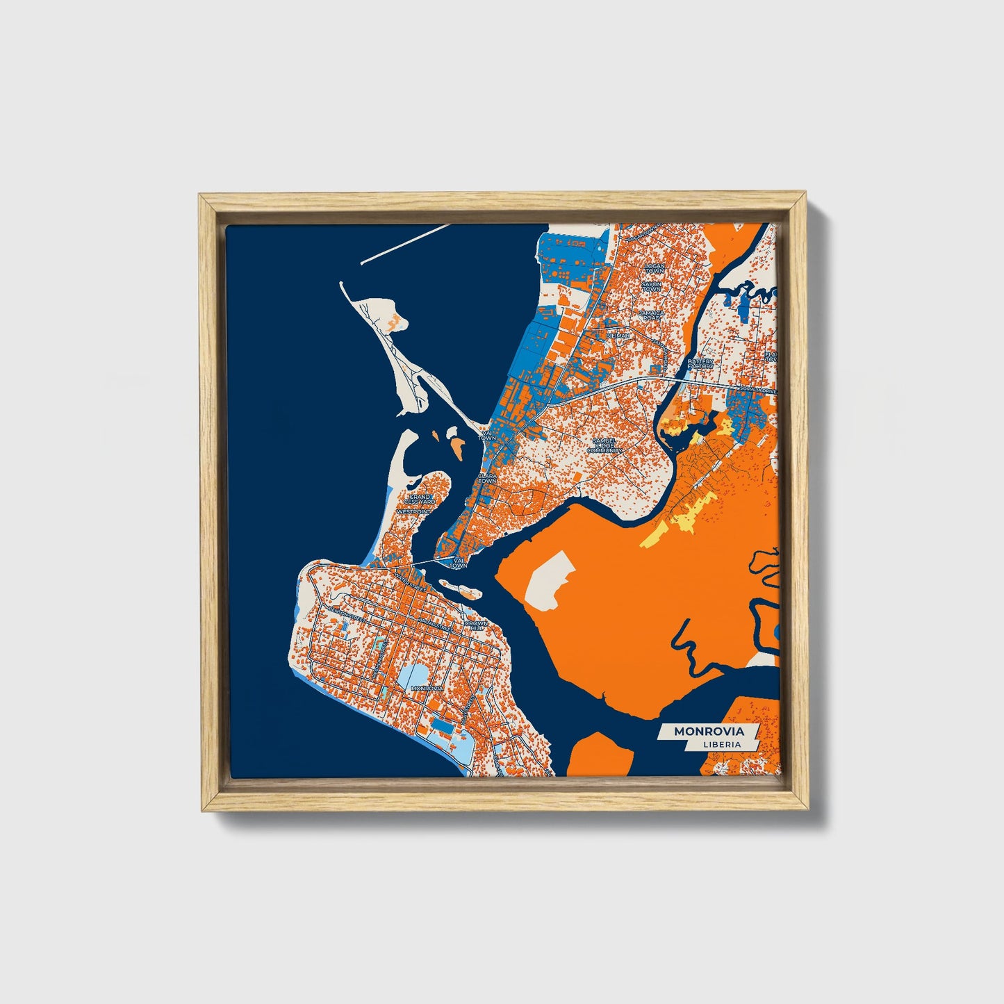 Monrovia Liberia Colorful City Map Canvas Print • Natural Wooden Framed