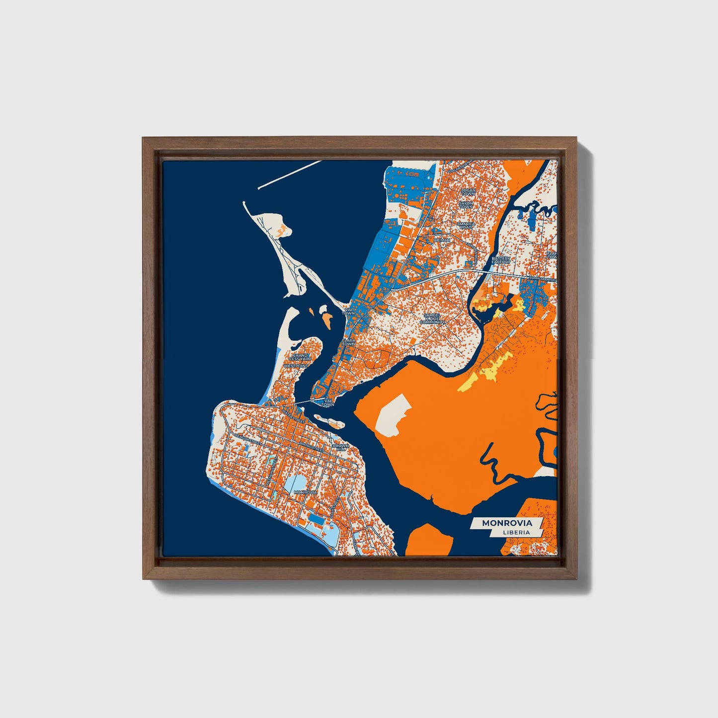 Monrovia Liberia Colorful City Map Canvas Print • Dark Wooden Framed