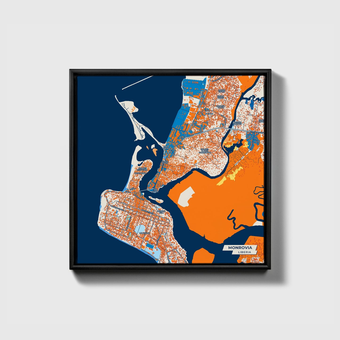 Monrovia Liberia Colorful City Map Canvas Print • Black Framed