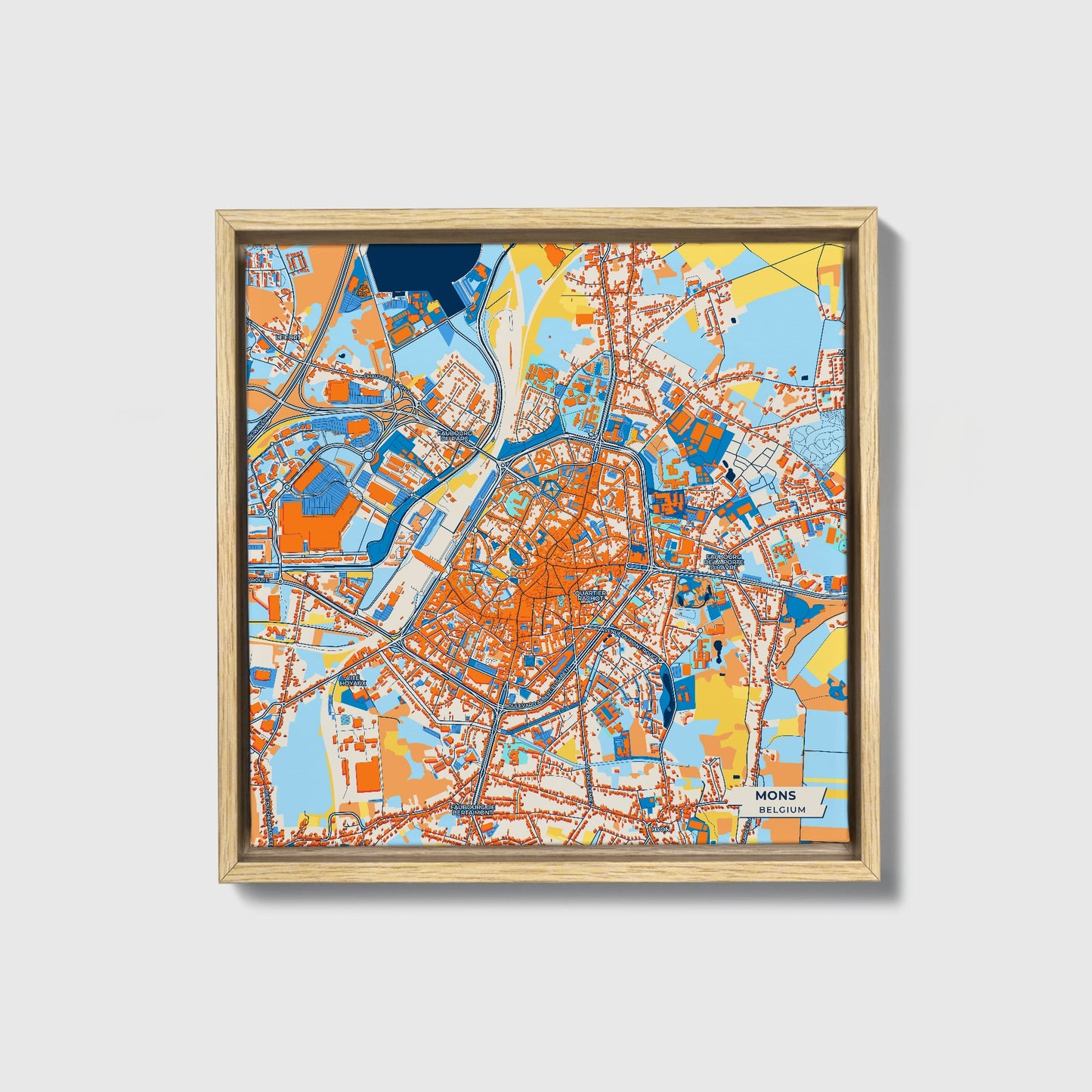 Mons  Belgium Colorful City Map Canvas Print • Natural Wooden Framed
