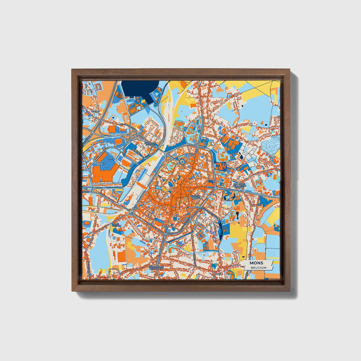 Mons  Belgium Colorful City Map Canvas Print • Dark Wooden Framed