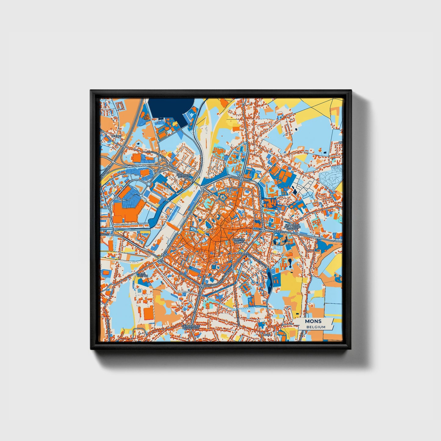 Mons  Belgium Colorful City Map Canvas Print • Black Framed
