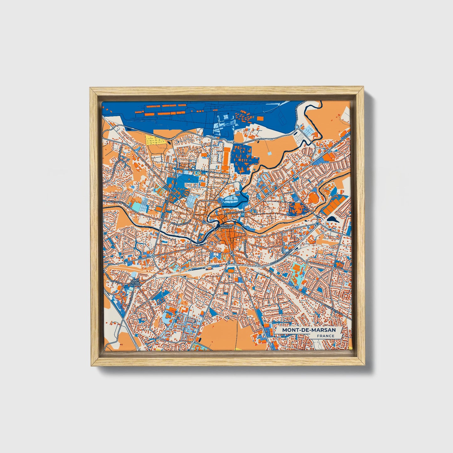 Mont-De-Marsan France Colorful City Map Canvas Print • Natural Wooden Framed