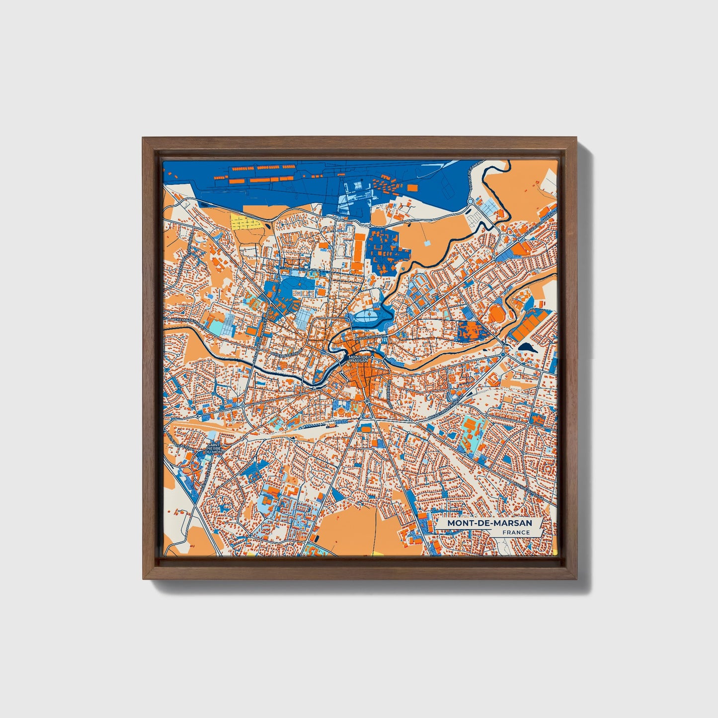 Mont-De-Marsan France Colorful City Map Canvas Print • Dark Wooden Framed