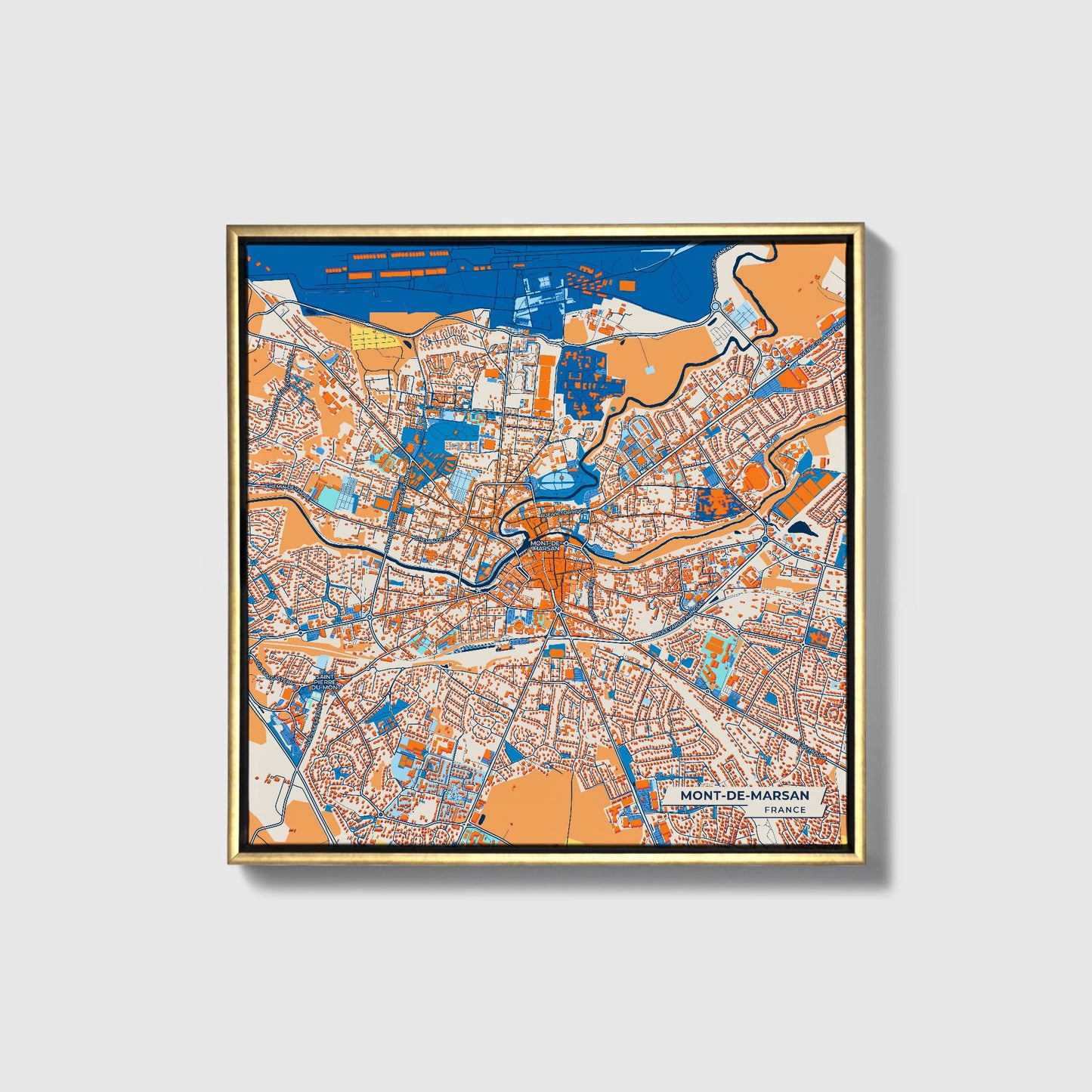 Mont-De-Marsan France Colorful City Map Canvas Print • Gold Framed