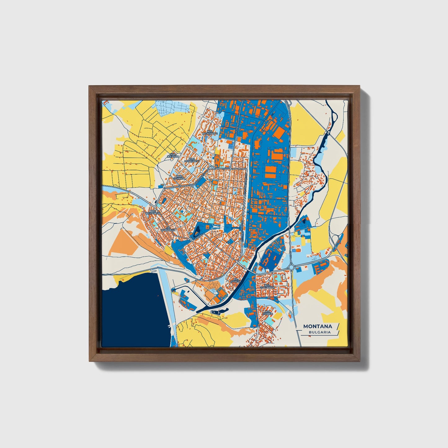 Монтана Bulgaria Colorful City Map Canvas Print • Dark Wooden Framed