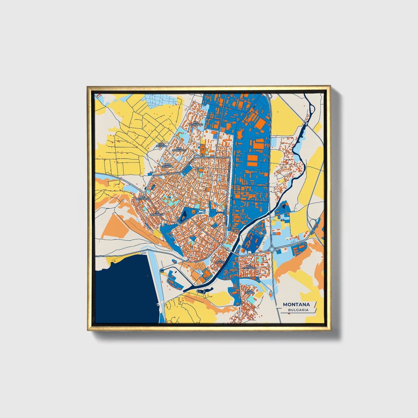 Монтана Bulgaria Colorful City Map Canvas Print • Gold Framed
