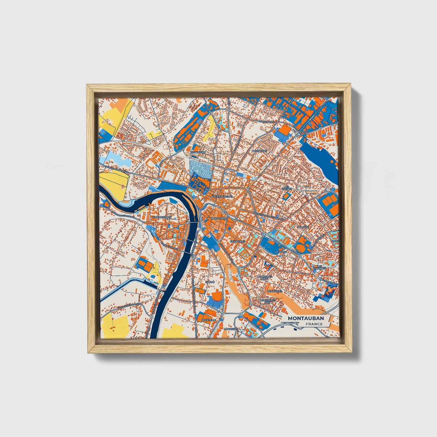 Montauban France Colorful City Map Canvas Print • Natural Wooden Framed