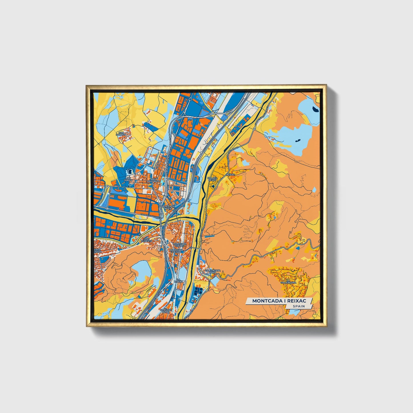 Montcada I Reixac Spain Colorful City Map Canvas Print • Gold Framed