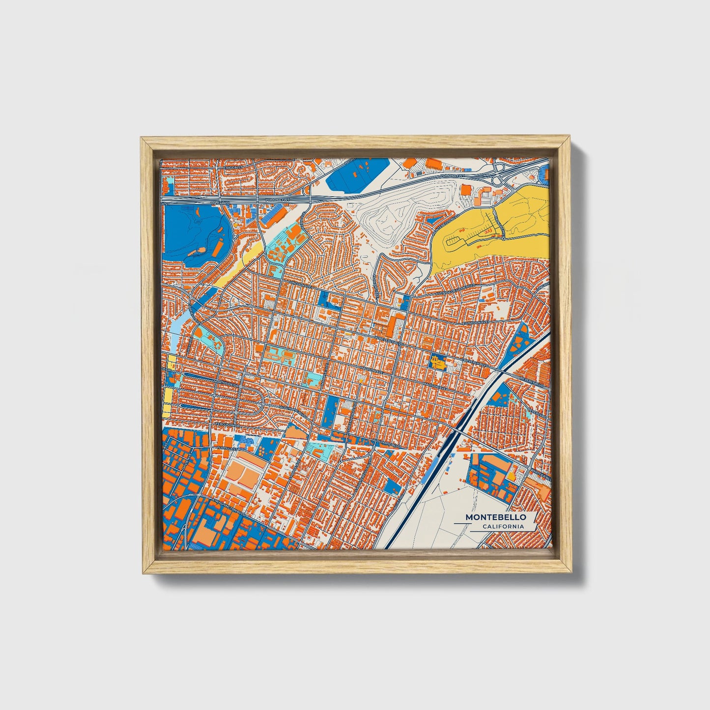 Montebello California Colorful City Map Canvas Print • Natural Wooden Framed