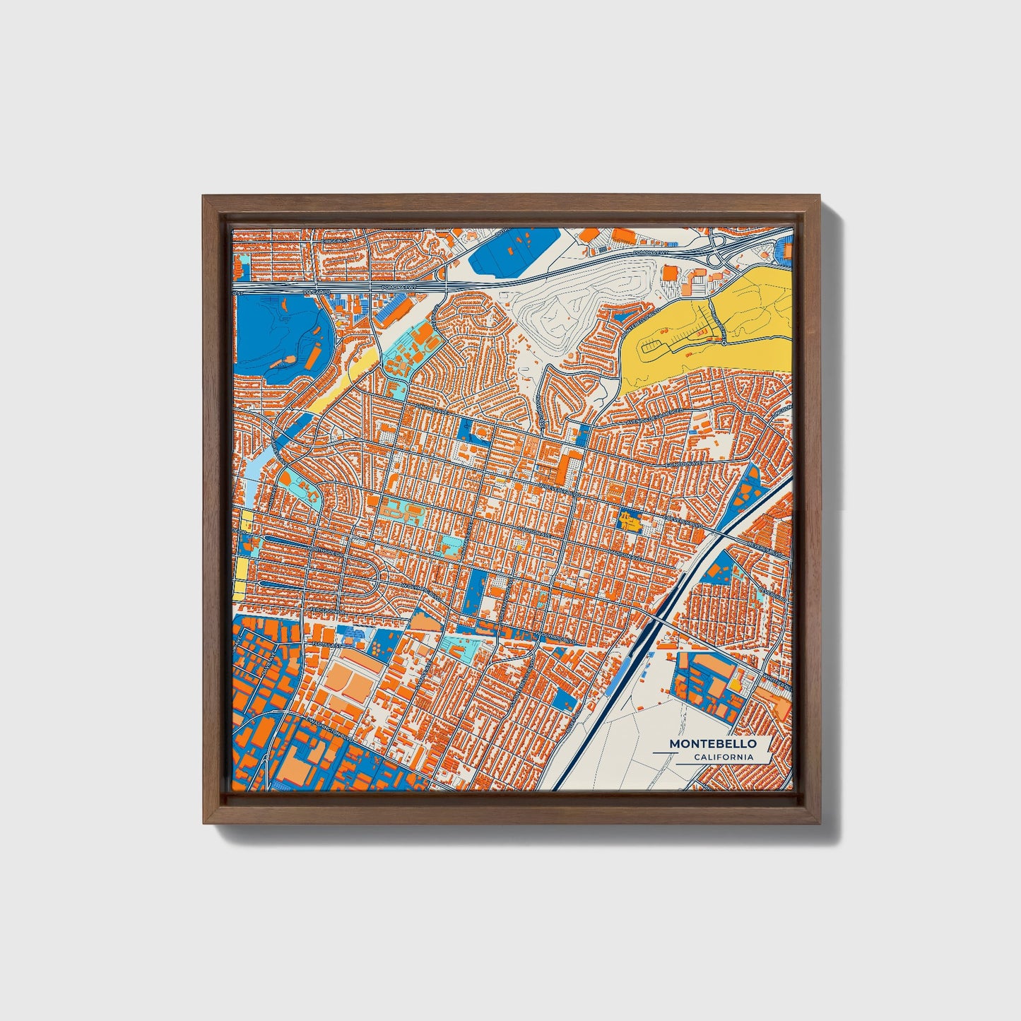 Montebello California Colorful City Map Canvas Print • Dark Wooden Framed