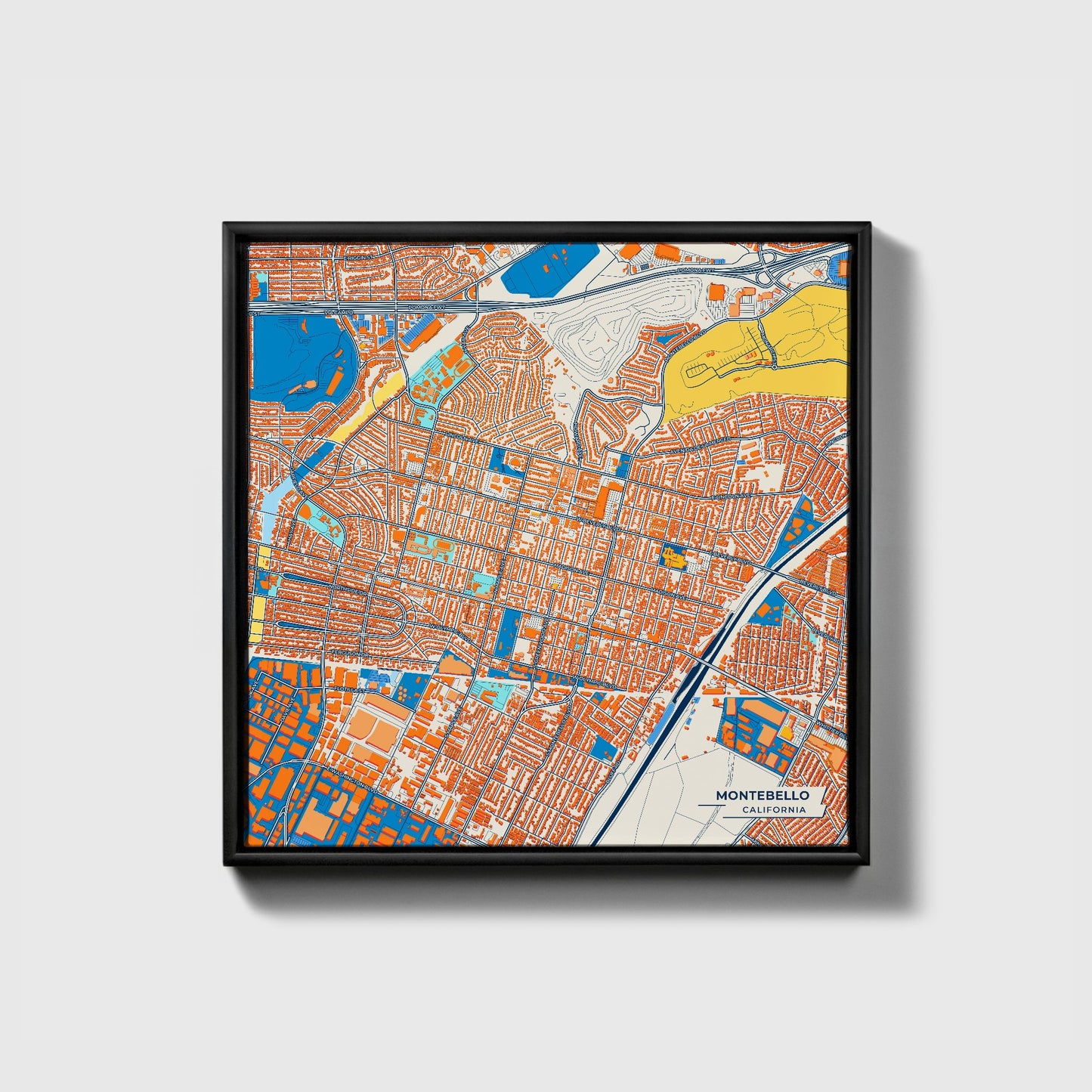 Montebello California Colorful City Map Canvas Print • Black Framed