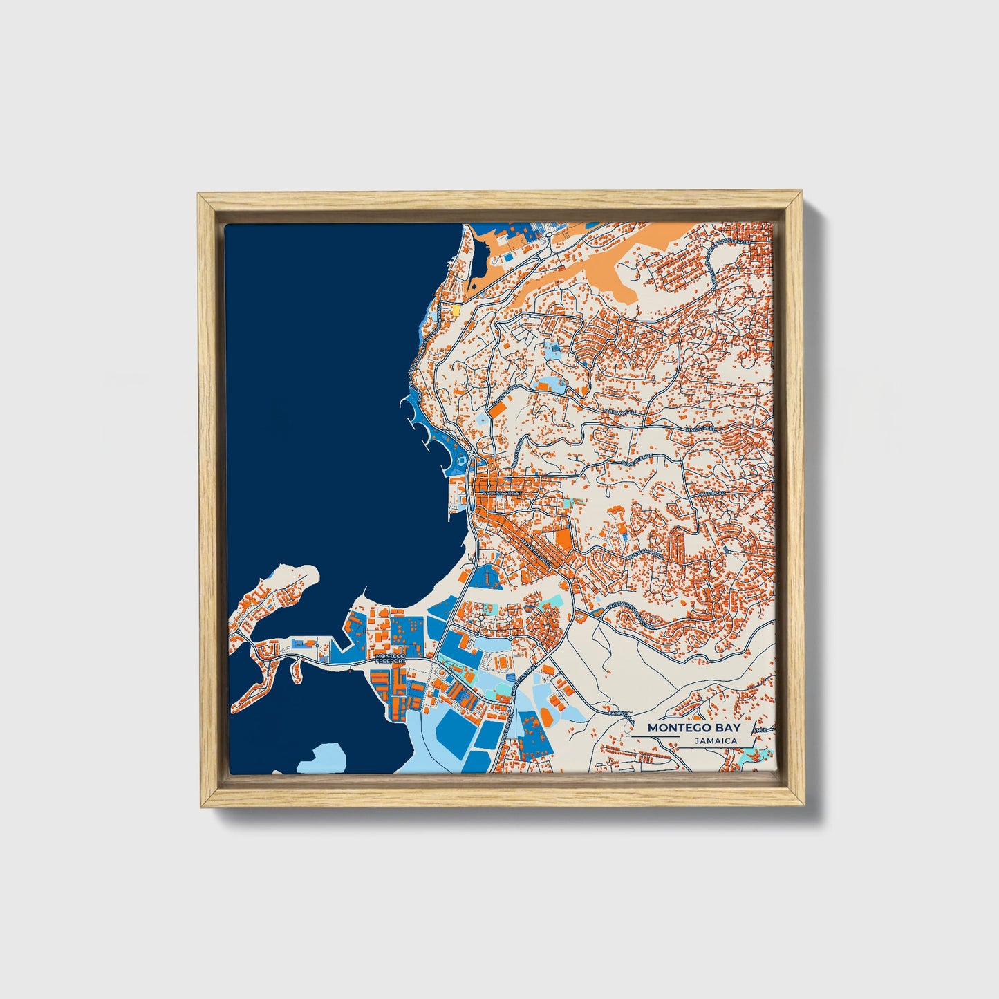 Montego Bay Jamaica Colorful City Map Canvas Print • Natural Wooden Framed
