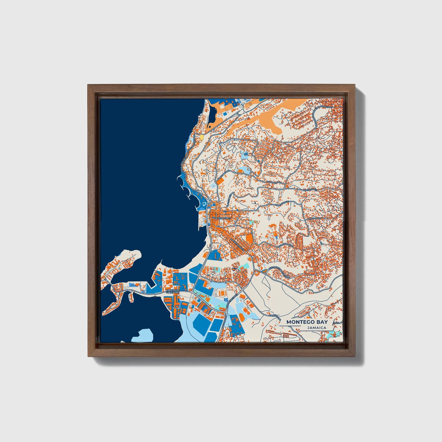 Montego Bay Jamaica Colorful City Map Canvas Print • Dark Wooden Framed