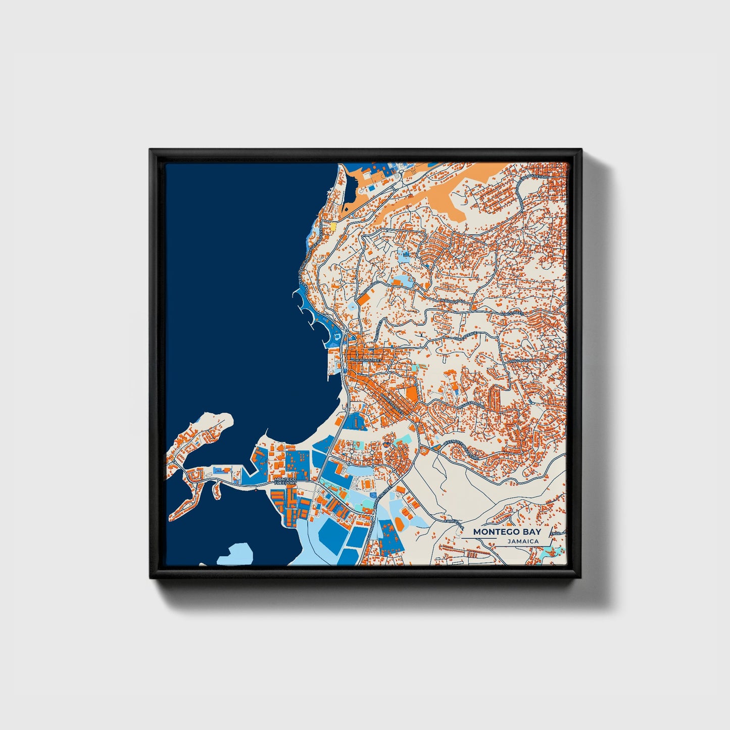 Montego Bay Jamaica Colorful City Map Canvas Print • Black Framed