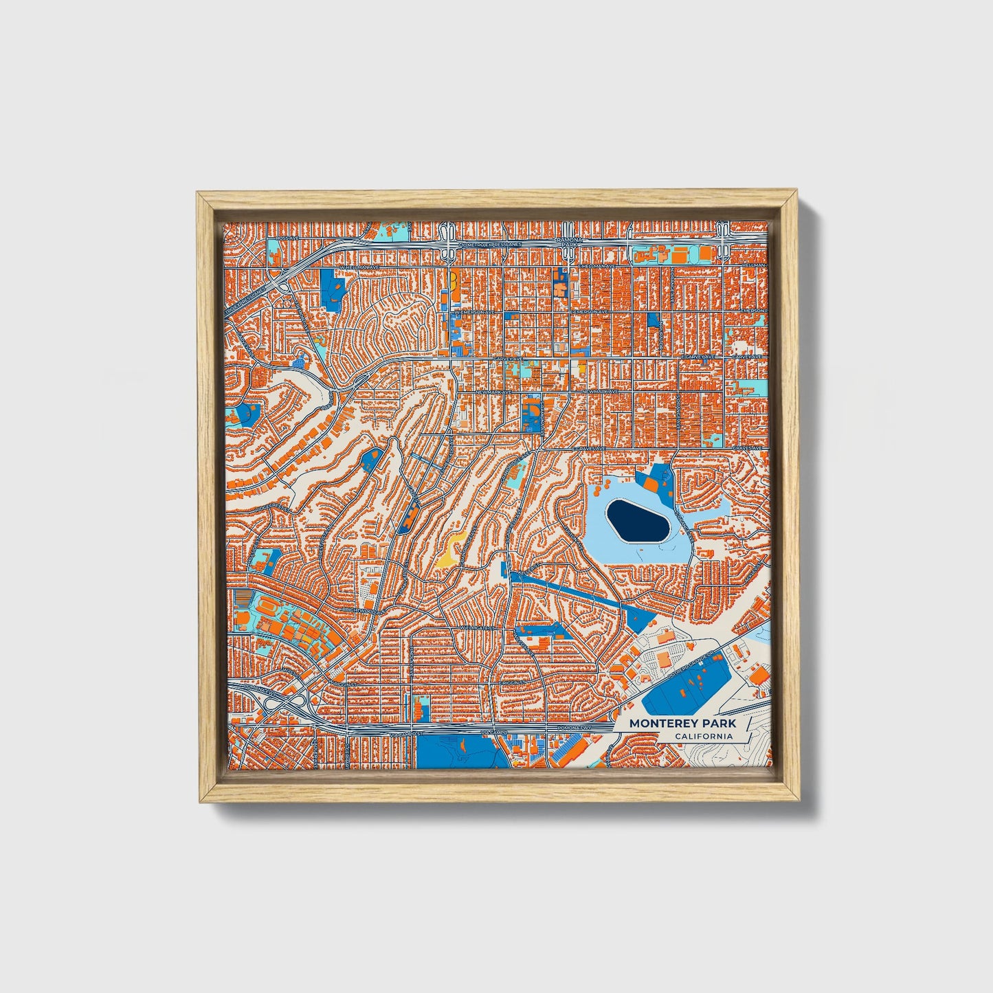 Monterey Park California Colorful City Map Canvas Print • Natural Wooden Framed