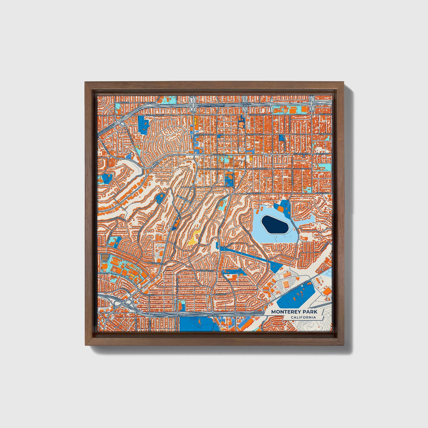 Monterey Park California Colorful City Map Canvas Print • Dark Wooden Framed