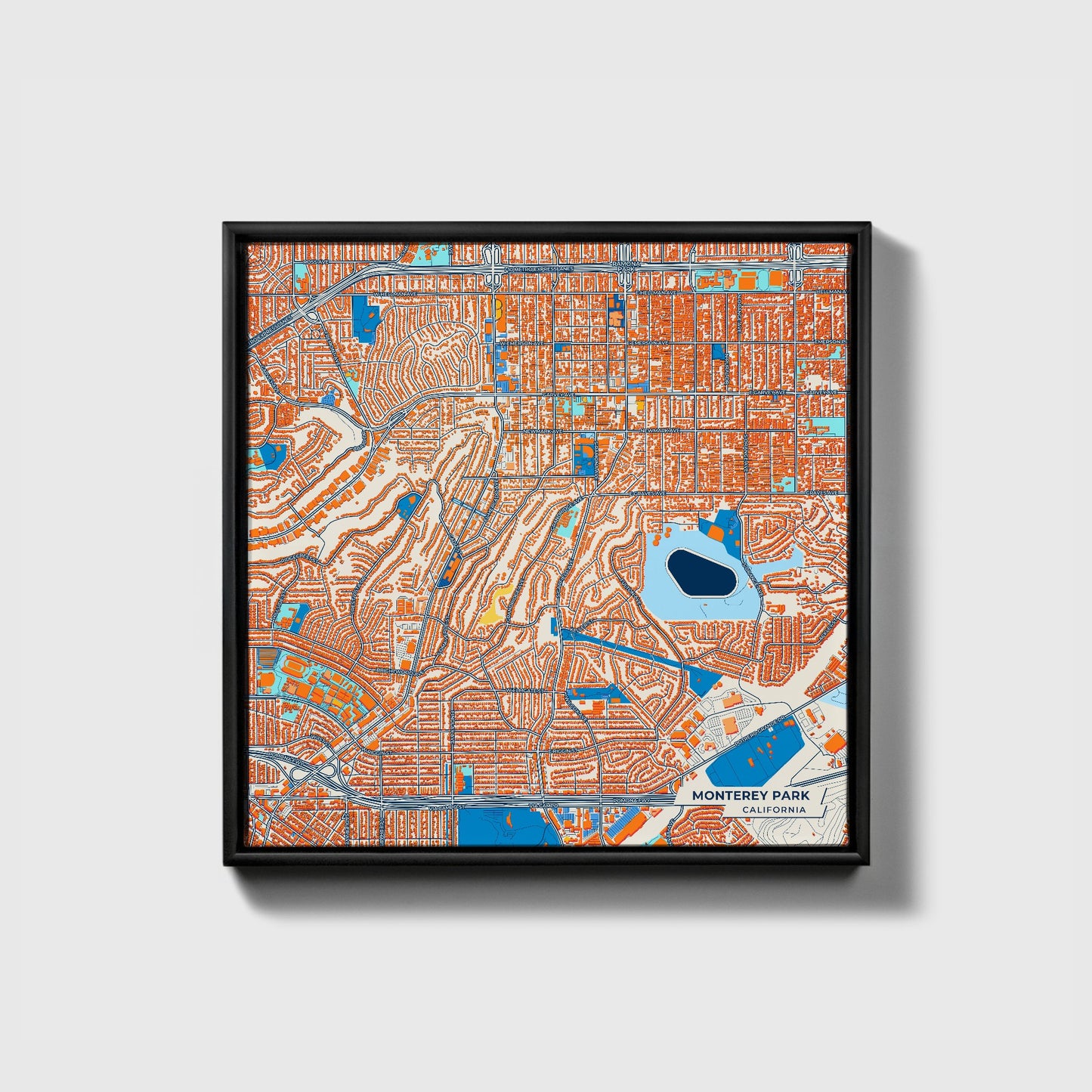 Monterey Park California Colorful City Map Canvas Print • Black Framed