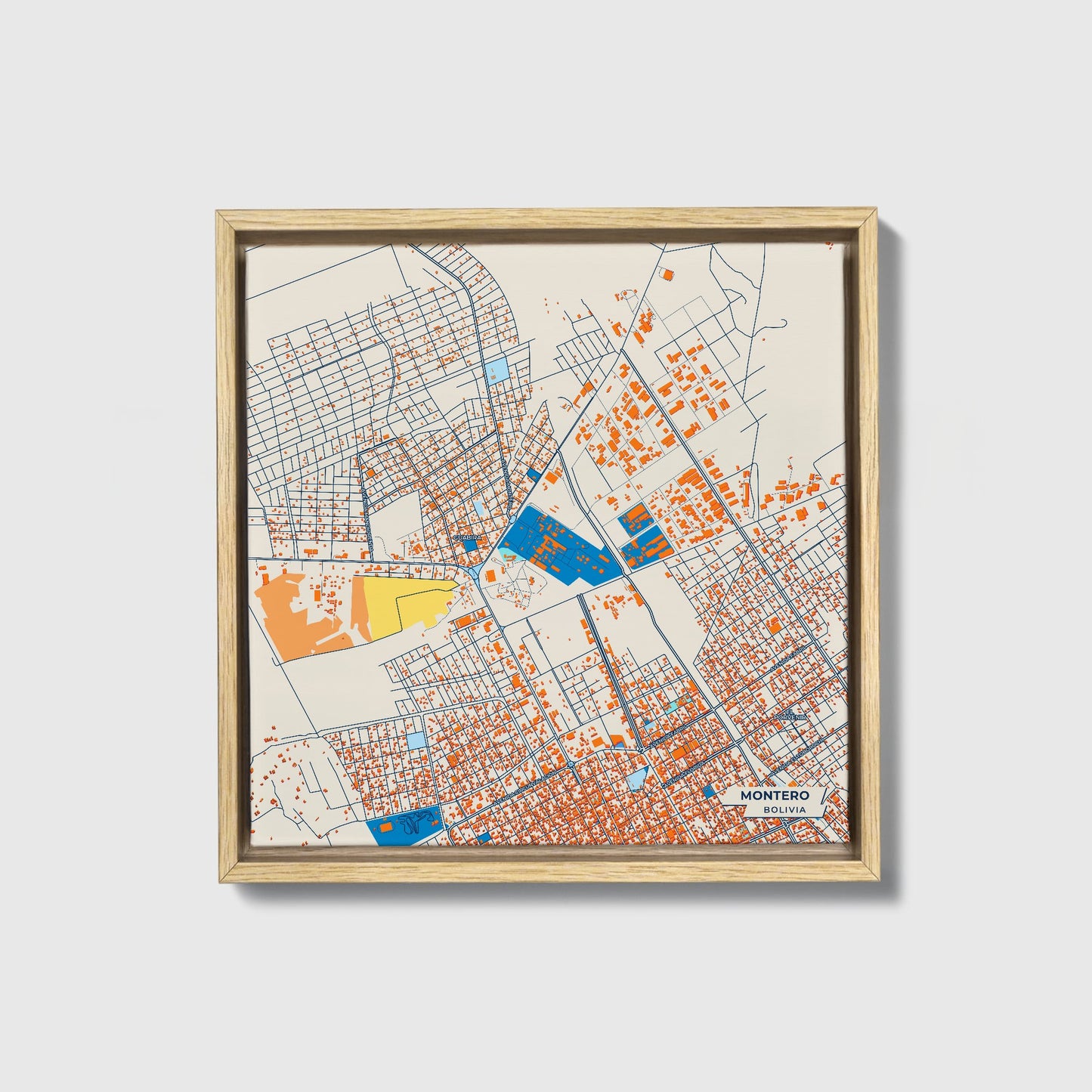 Montero Bolivia Colorful City Map Canvas Print • Natural Wooden Framed