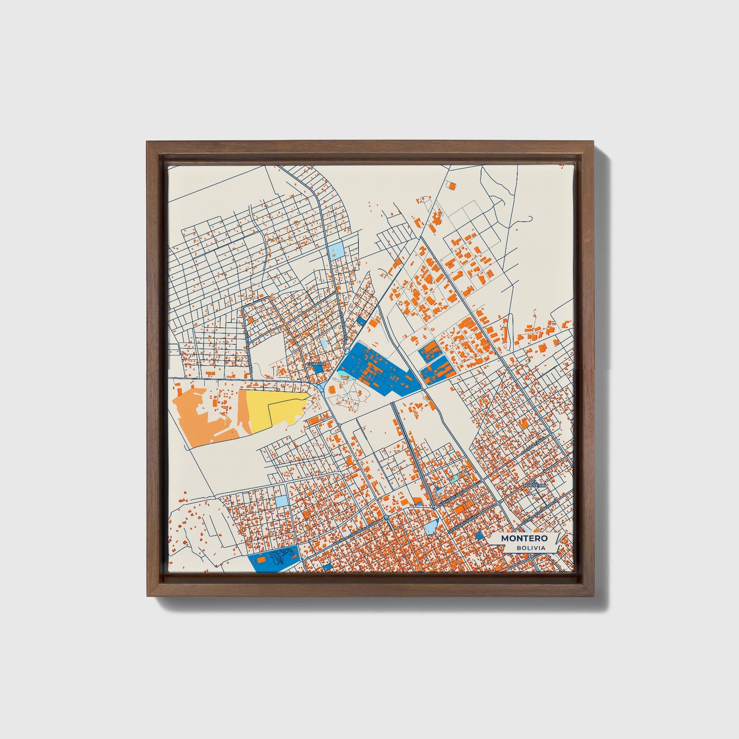 Montero Bolivia Colorful City Map Canvas Print • Dark Wooden Framed