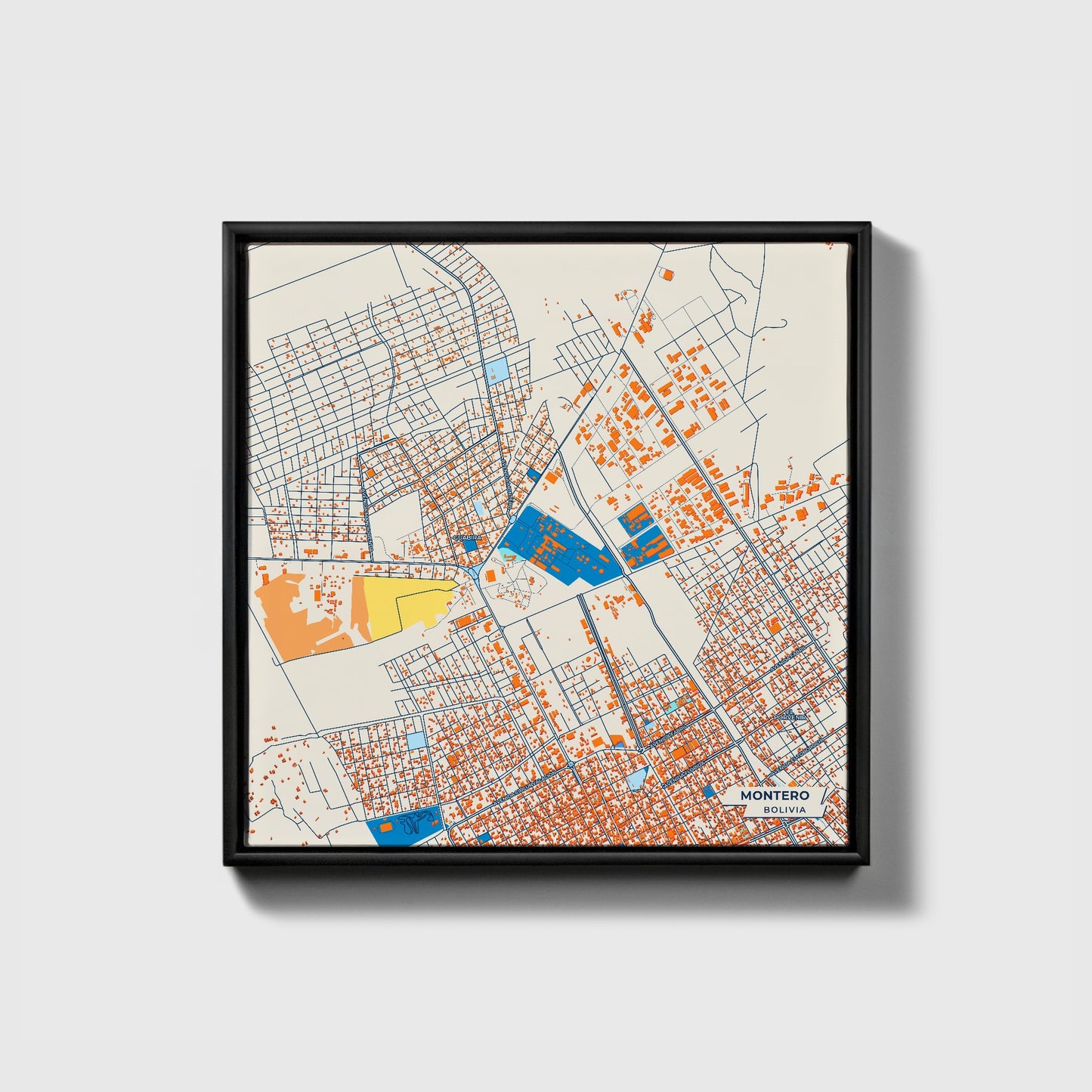 Montero Bolivia Colorful City Map Canvas Print • Black Framed