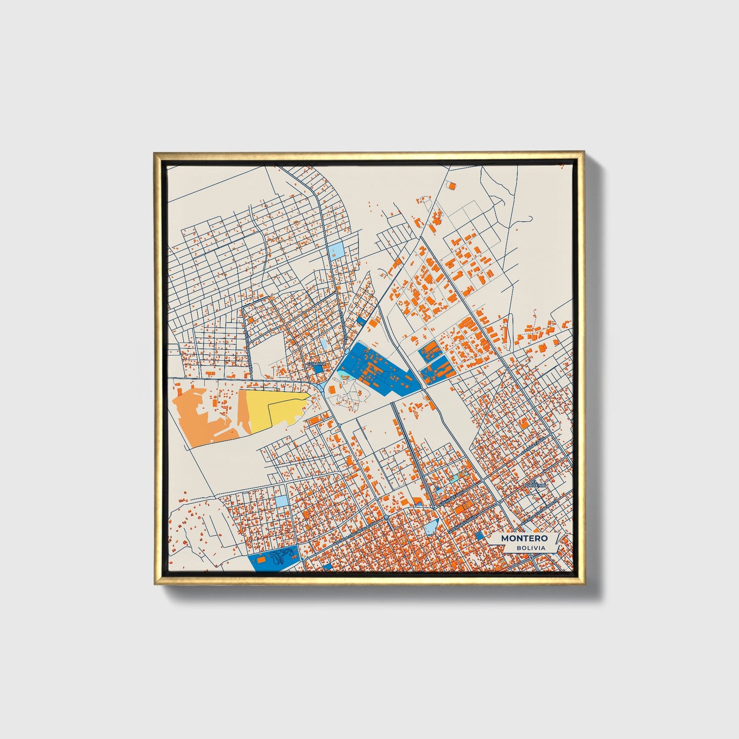 Montero Bolivia Colorful City Map Canvas Print • Gold Framed