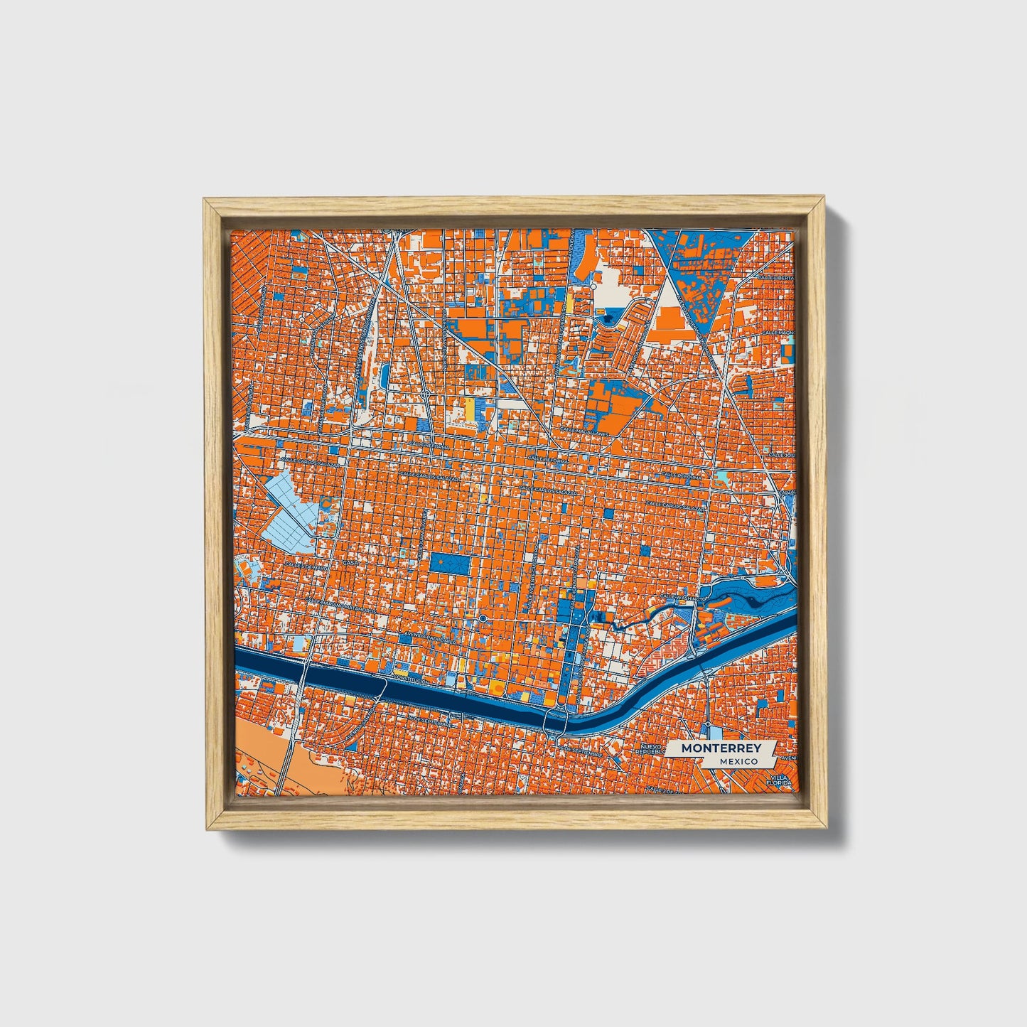 Monterrey Mexico Colorful City Map Canvas Print • Natural Wooden Framed