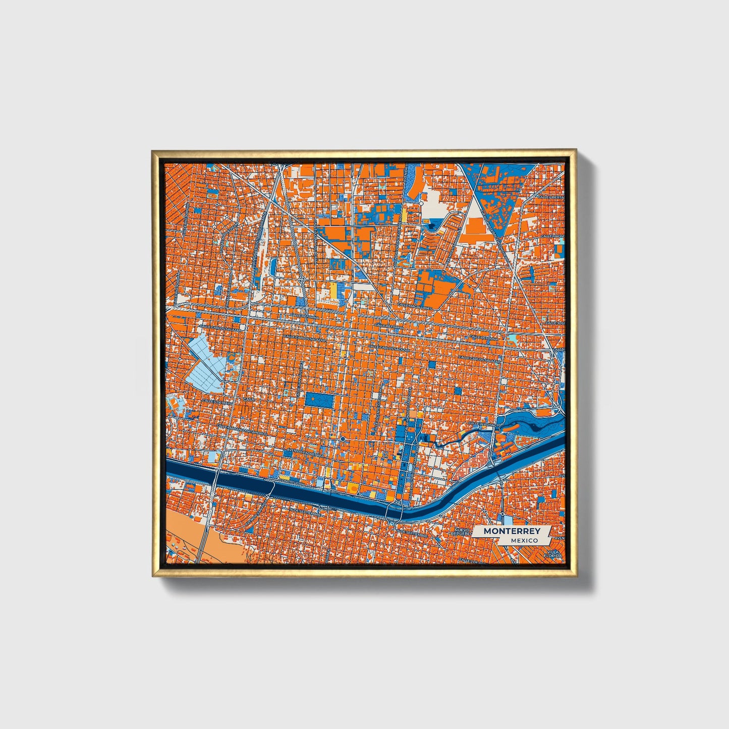 Monterrey Mexico Colorful City Map Canvas Print • Gold Framed