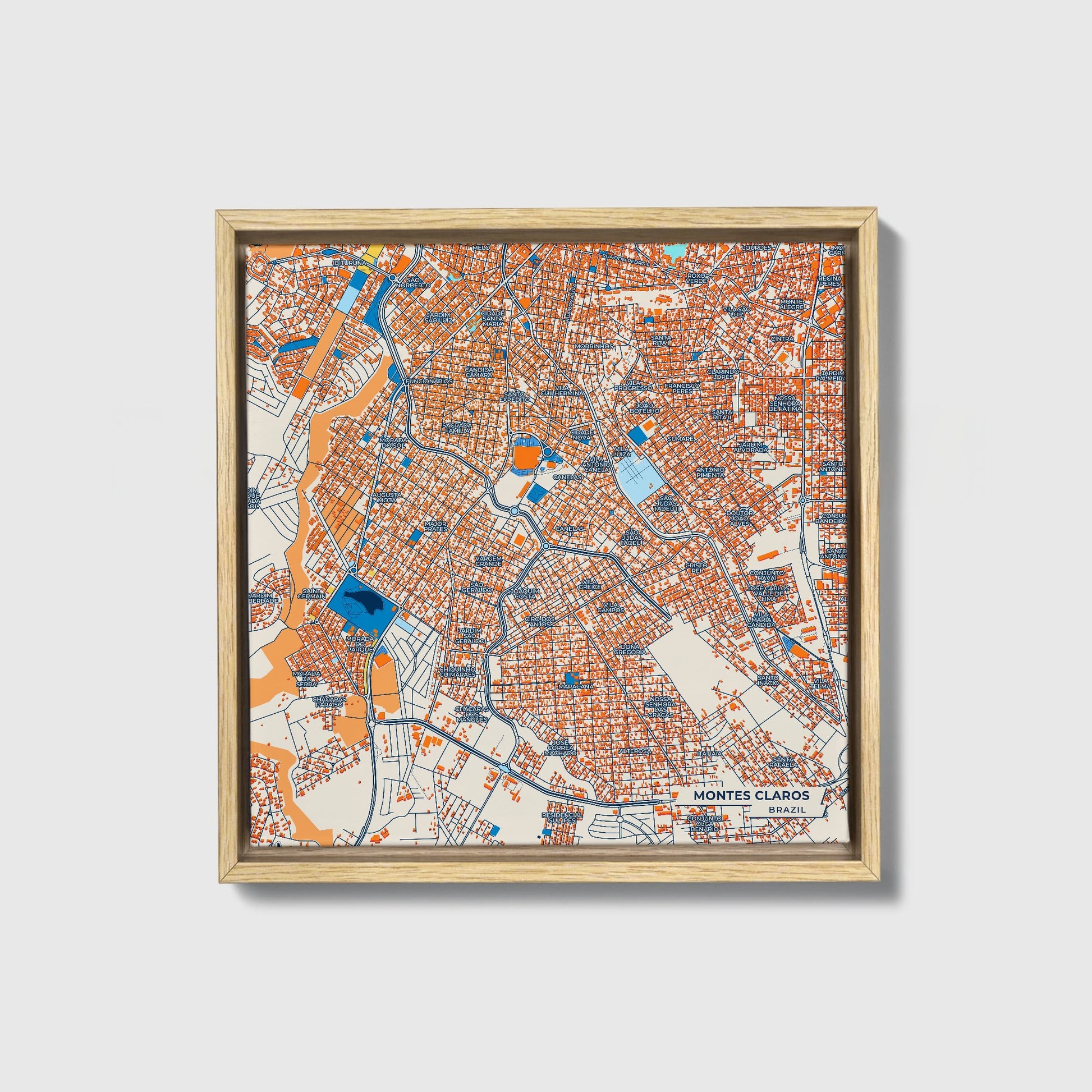 Montes Claros Brazil Colorful City Map Canvas Print • Natural Wooden Framed