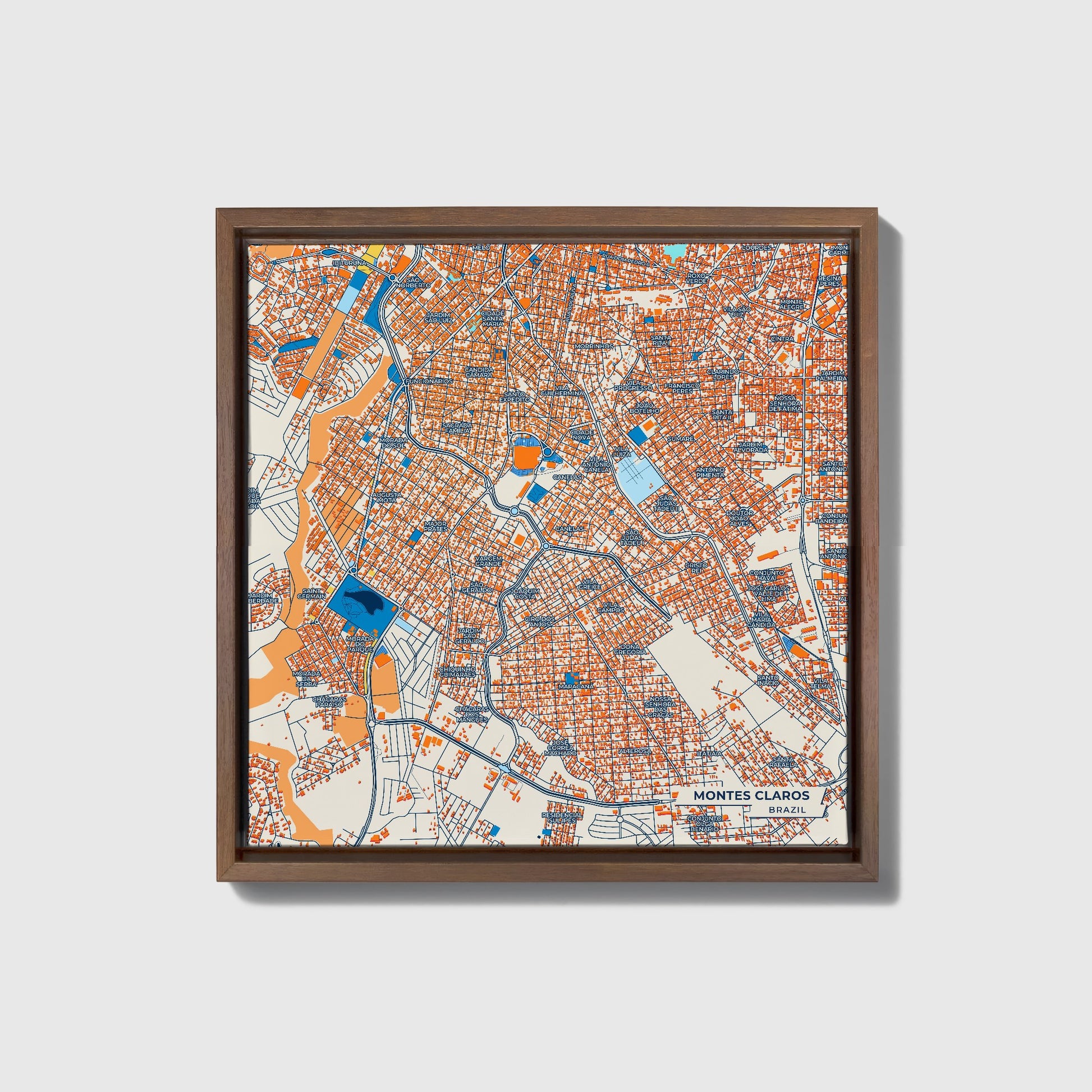 Montes Claros Brazil Colorful City Map Canvas Print • Dark Wooden Framed