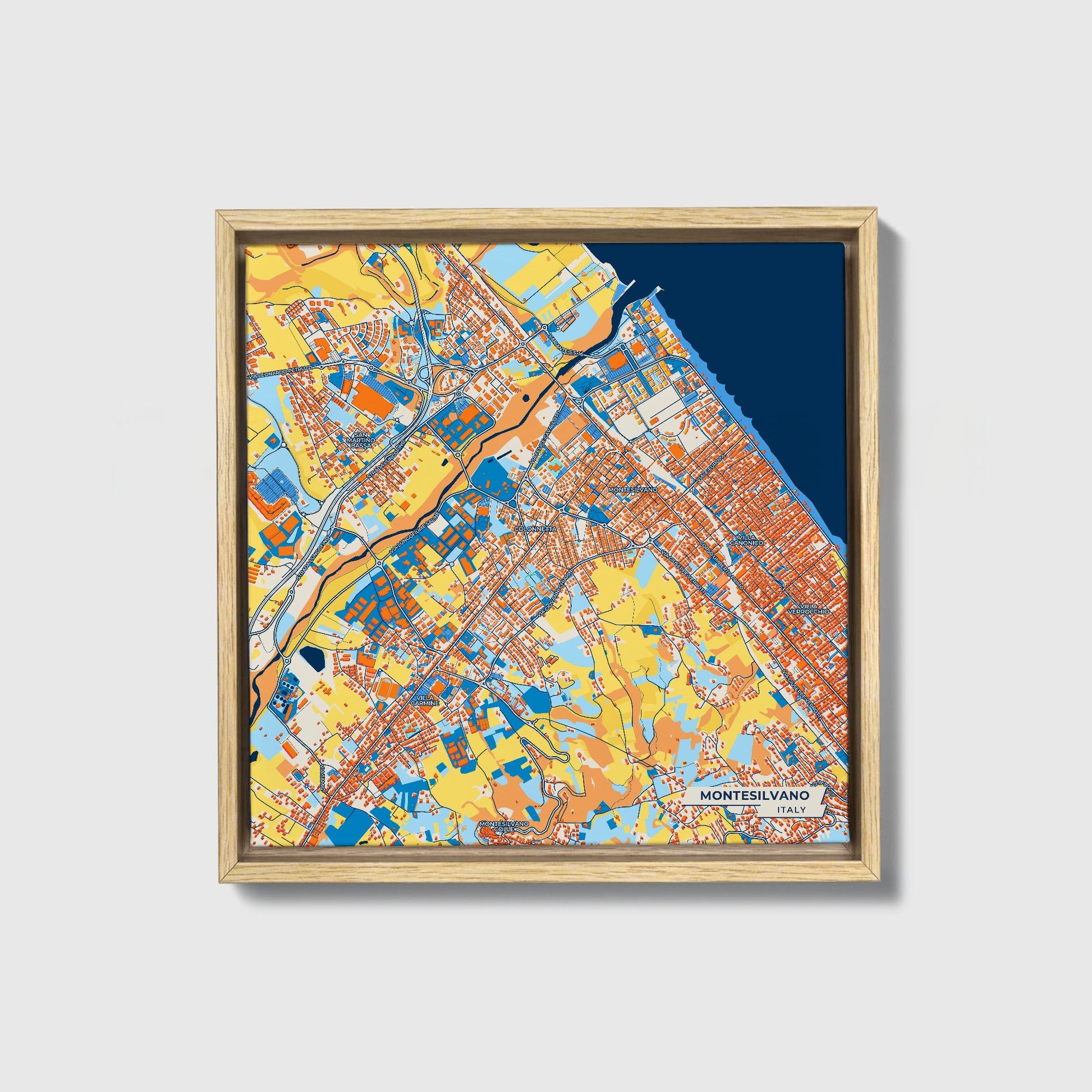 Montesilvano Italy Colorful City Map Canvas Print • Natural Wooden Framed