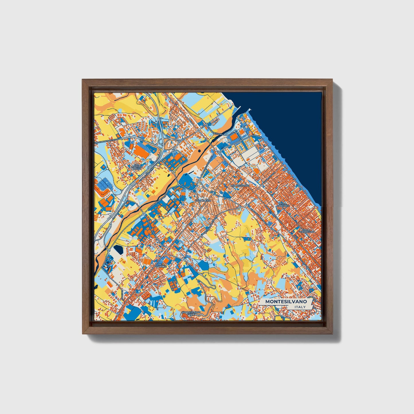 Montesilvano Italy Colorful City Map Canvas Print • Dark Wooden Framed
