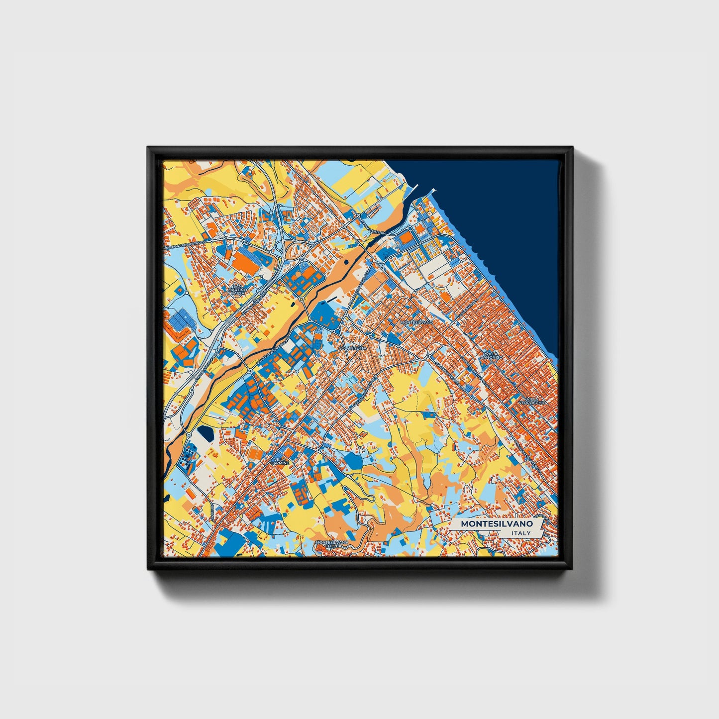 Montesilvano Italy Colorful City Map Canvas Print • Black Framed