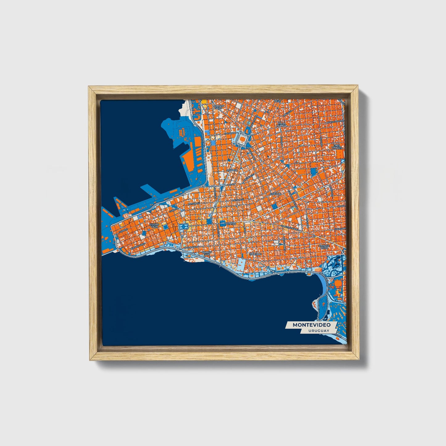 Montevideo Uruguay Colorful City Map Canvas Print • Natural Wooden Framed