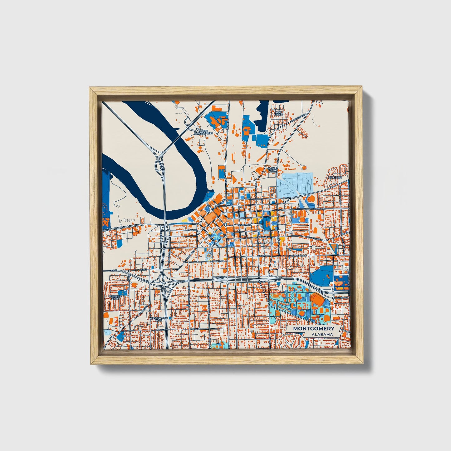 Montgomery Alabama Colorful City Map Canvas Print • Natural Wooden Framed