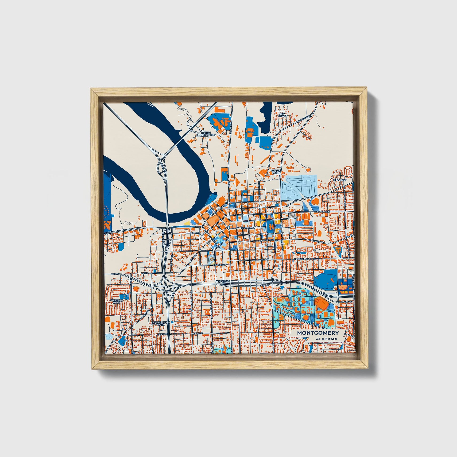 Montgomery Alabama Colorful City Map Canvas Print • Natural Wooden Framed